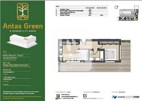 Penthouse T1 - Terraço de 39,50m2 panorâmico com cobertura.