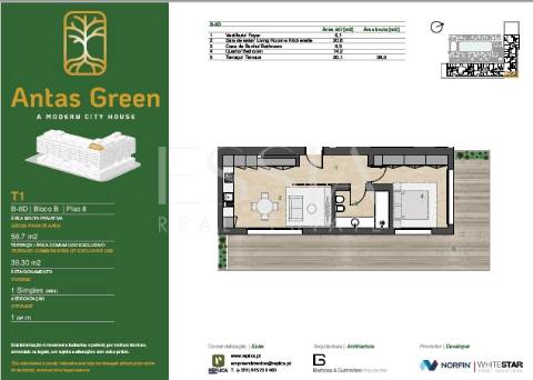 Penthouse T1 - Terraço de 39,50m2 panorâmico com cobertura.