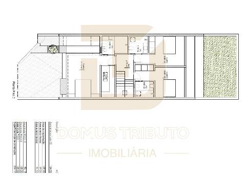 Moradia V3, 2 frentes, com 3 suítes, garagem fechada para 2 carros, varandas, terraços e jardim.