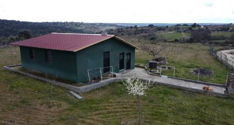 Terreno com arvores de fruto e uma construção, em Miranda do Douro.