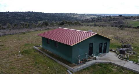 Terreno com arvores de fruto e uma construção, em Miranda do Douro.