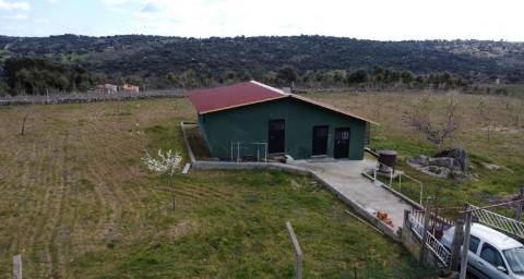 Terreno com arvores de fruto e uma construção, em Miranda do Douro.