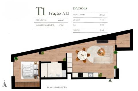 T1 c/ garagem e arrumo