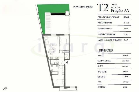 Apartamento T2 com varanda e lugar de garagem em edifício com jardim.