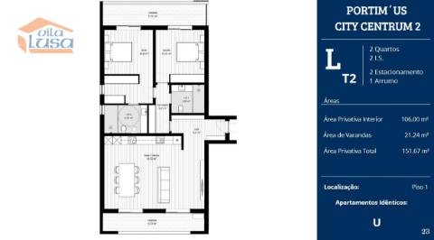 T2 Novo c/ dois lugares garagem e varanda 21,24m2 em Portimão.