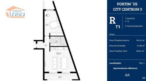 T1 Novo ultimo piso c/ garagem e varanda em Portimão.