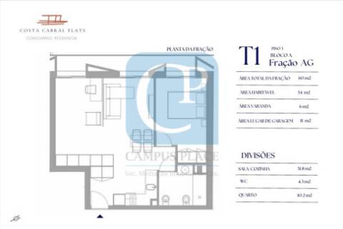 Apartamento T1 em construção, no empreendimento Costa Cabral Flats