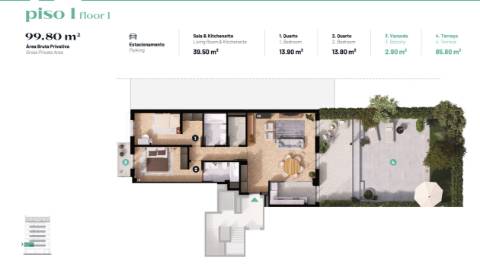 Apartamento T2, com jardim privativo e 1 lugar de garagem