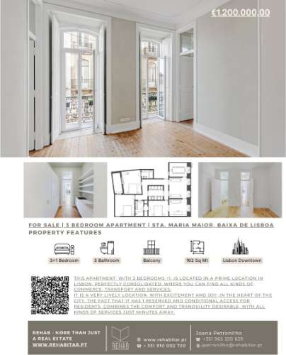 Para Venda | Apartamento T3+1 | Santa Maria Maior, Lisboa