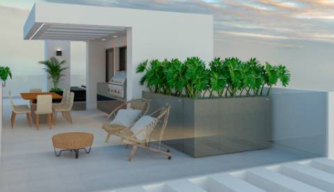 Apartamento T3, top floor, com terraço privado e fabulosa vista de mar e de cidade, elevador e garagem fechada (box) na cave, Tavira