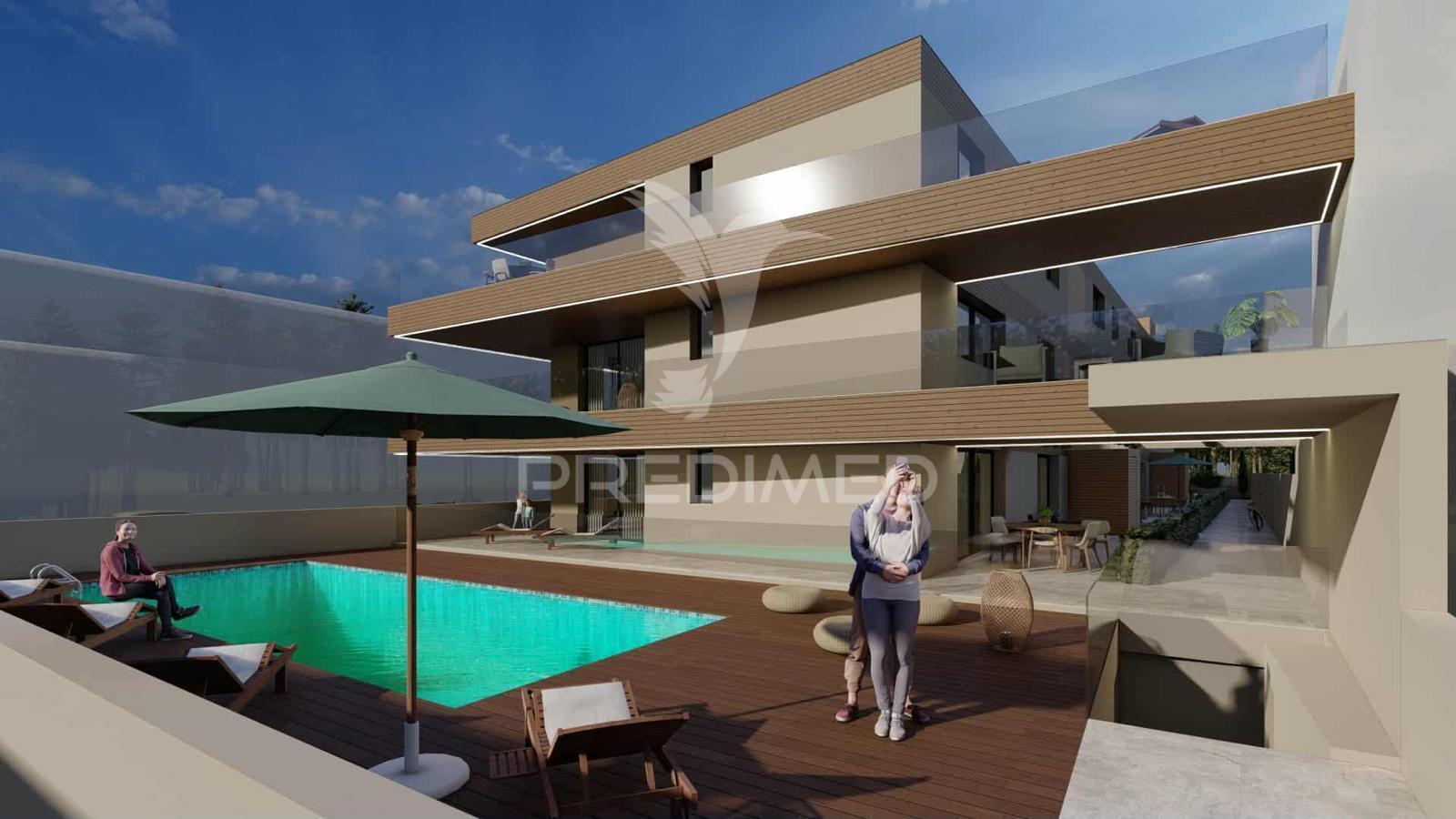 Apartamento t1 c/terraço - condomínio a 300m da praia,