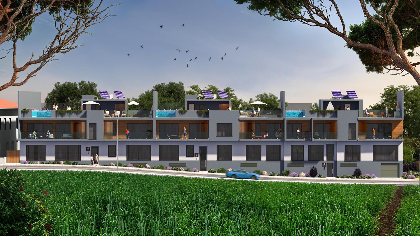 Apartamento T2 moderno com jardim privativo, sol e piscina.