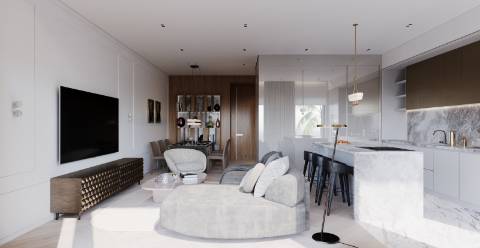 Apartamento T2 moderno com jardim privativo, sol e piscina.