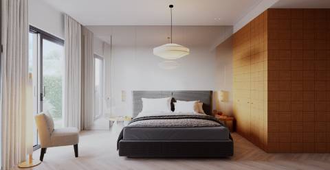 Apartamento T2 moderno com jardim privativo, sol e piscina.