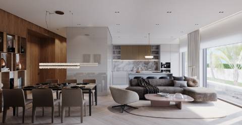 Apartamento T2 moderno com jardim privativo, sol e piscina.