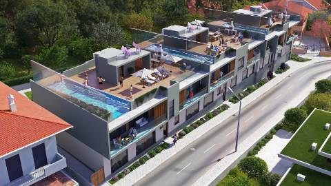 Apartamento T2 moderno com jardim privativo, sol e piscina.