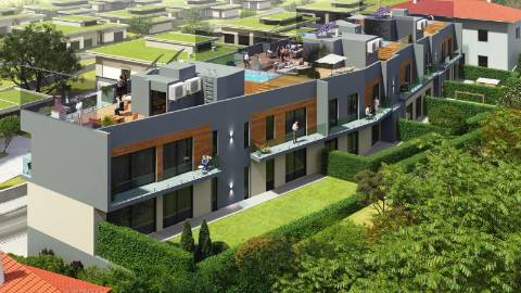 Apartamento T2 moderno com jardim privativo, sol e piscina.