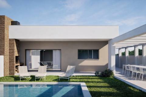 Moradia T4 térrea contemporânea com piscina privada, suite com closet e garagem